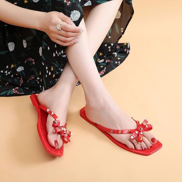 Womens Size 9 Studded Bow Jelly Thong Slides Square Toe Sandals Rivets Red - Picture 1 of 10